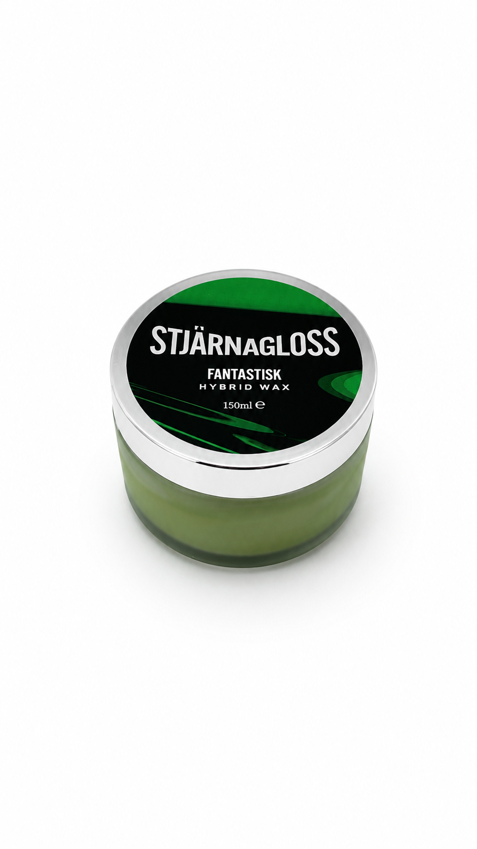 Green jar of Stärnagloss hybrid wax on a white background