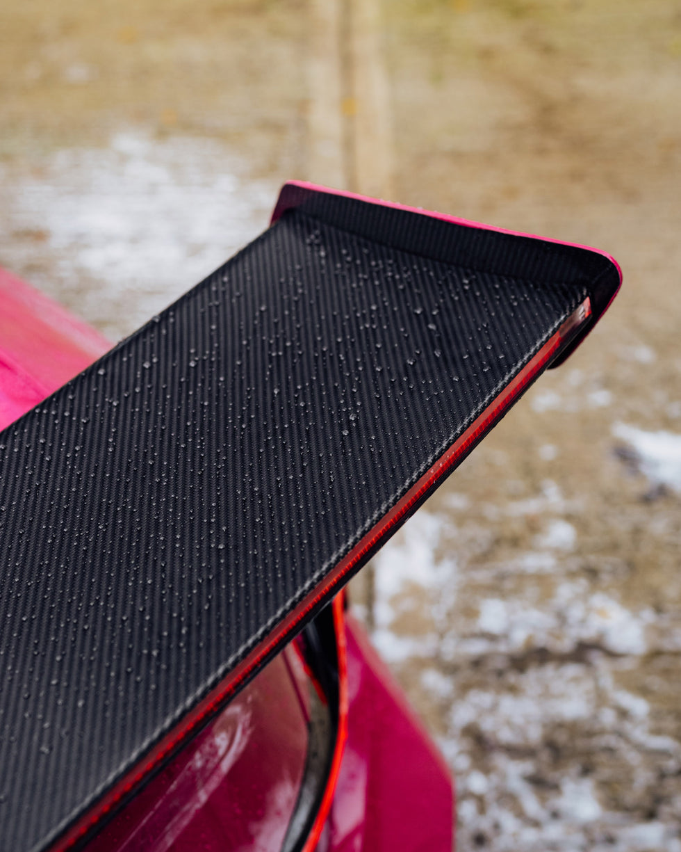 Up close shot of side of car spoiler