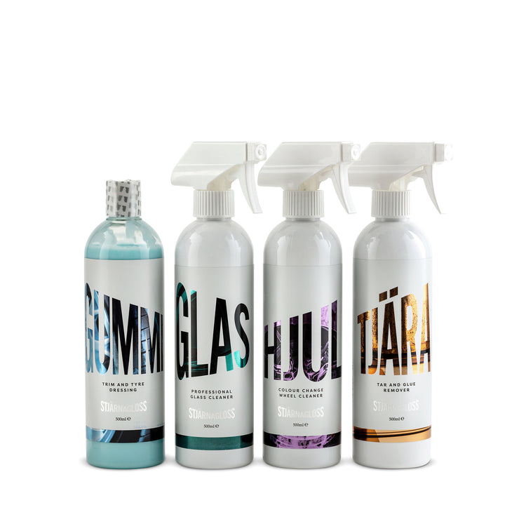 More Four Detailing Kit - Wheel Cleaner, Tyre/Trim Dressing, Glass Cleaner, Tar/Bug Remover