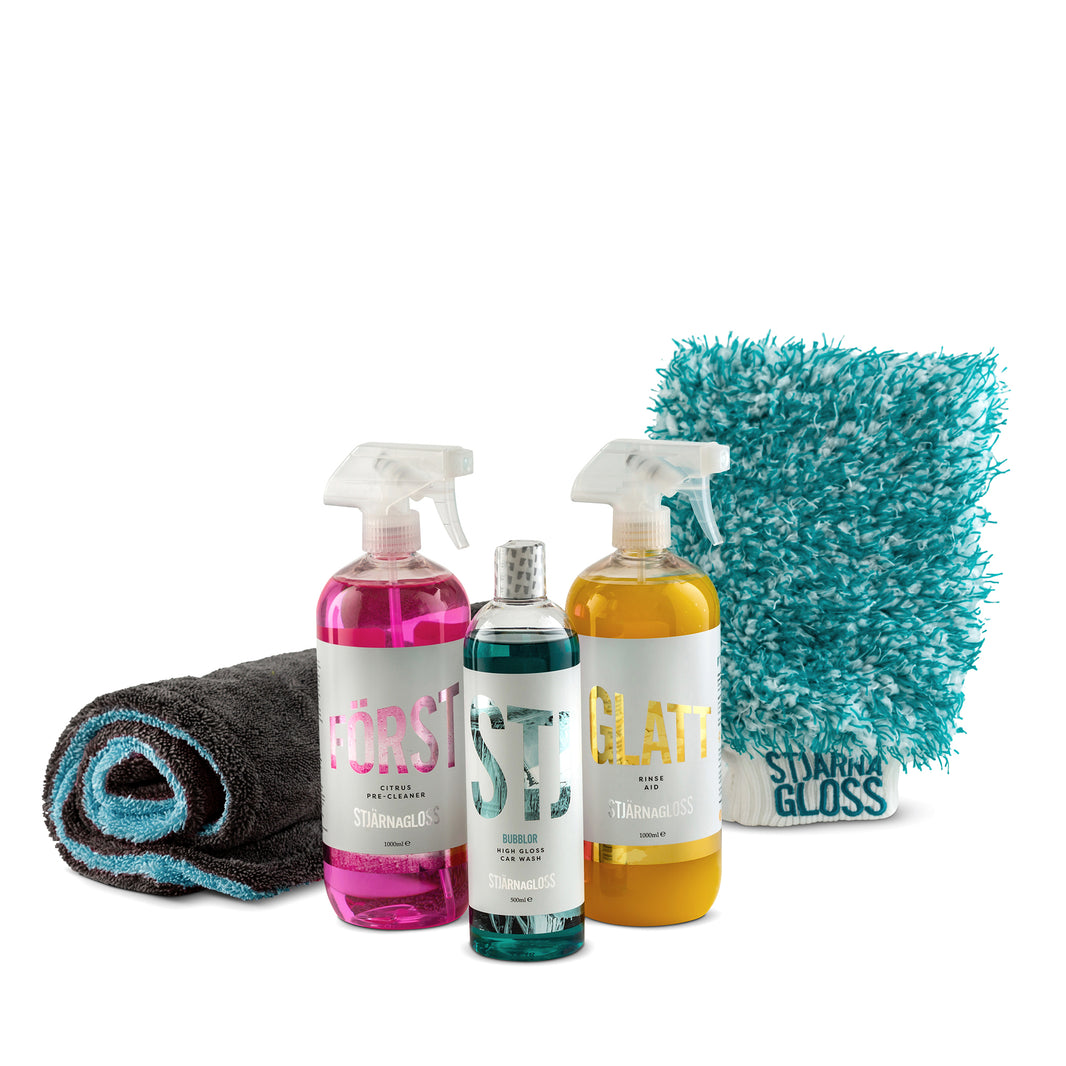 Gloss Wash Car Cleaning Kit- Citrus Pre-Wash, Shampoo, Rinse Aid, Wash Mitt and Drying Towel